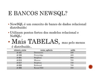  NewSQL é um conceito de banco de dados relacional
distribuído;
 Utilizam pontos fortes dos modelos relacional e
NoSQL;
• Mais TABELAS, mas pelo menos
é distribuído..
número_conta nome_agência saldo
A-101 Downtown 500
A-102 Perryridge 400
A-201 Brighton 900
A-215 Mianus 700
A-217 Brighton 750
A-222 Redwood 700
A-305 Round Hill 350
 