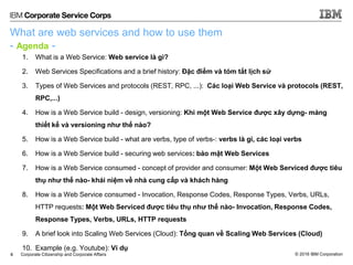 © 2016 IBM CorporationCorporate Citizenship and Corporate Affairs
What are web services and how to use them
- Agenda -
1. What is a Web Service: Web service là gì?
2. Web Services Specifications and a brief history: Đặc điểm và tóm tắt lịch sử
3. Types of Web Services and protocols (REST, RPC, ...): Các loại Web Service và protocols (REST,
RPC,...)
4. How is a Web Service build - design, versioning: Khi một Web Service được xây dựng- mảng
thiết kế và versioning như thế nào?
5. How is a Web Service build - what are verbs, type of verbs-: verbs là gì, các loại verbs
6. How is a Web Service build - securing web services: bảo mật Web Services
7. How is a Web Service consumed - concept of provider and consumer: Một Web Serviced được tiêu
thụ như thế nào- khái niệm về nhà cung cấp và khách hàng
8. How is a Web Service consumed - Invocation, Response Codes, Response Types, Verbs, URLs,
HTTP requests: Một Web Serviced được tiêu thụ như thế nào- Invocation, Response Codes,
Response Types, Verbs, URLs, HTTP requests
9. A brief look into Scaling Web Services (Cloud): Tổng quan về Scaling Web Services (Cloud)
10. Example (e.g. Youtube): Ví dụ
4
 