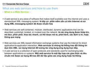 © 2016 IBM CorporationCorporate Citizenship and Corporate Affairs
What are web services and how to use them
- What is a Web Service -
 A web service is any piece of software that makes itself available over the internet and uses a
standardized XML messaging system: là bấy cứ phần mềm sẵn có trên Internet và sử
dụng XML messaging system đã được chuẩn hóa
 Web services are self-contained, modular, distributed, dynamic applications that can be
described, published, located, or invoked over the network: là các ứng dụng được khép kín,
mô đun, phân phối, thao tác nhanh, có thể được mô tả, phát hành, xác định vị trí, hoặc
thông qua mạng
 Web services are XML-based information exchange systems that use the Internet for direct
application-to-application interaction: Web services là những hệ thống trao đổi thông tin
dựa trên XML -sử dụng Internet để tương tác ứng dụng-ứng dụng trực tiếp.
 A web service is a collection of open protocols and standards used for exchanging data
between applications or systems: Một web service là một tập hợp các giao thức và tiêu
chuẩn mở được sử dụng để trao đổi dữ liệu giữa các ứng dụng hoặc hệ thống
5
 