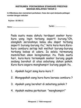 INSTRUMEN PENTAKSIRAN STANDARD PRESTASI
                  BAHASA MALAYSIA TAHUN 2
2.2 Membaca dan memahami perkataan, frasa dan ayat daripada pelbagai
sumber dengan sebutan

 Rujukan : B2 DB1 E1


Nama : ……………………………………………………                    Tarikh : …………….




    Pada suatu masa dahulu terdapat seekor kura-
    kura yang ingin terbang seperti burung."Oh,
    alangkah seronoknya kalau aku dapat terbang
    seperti burung-burung itu," kata kura-kura.Kura-
    kura cemburu setiap kali melihat burung-burung
    terbang bebas di udara. Ia selalu termenung
    memikirkan akan keinginannya itu. Pada suatu
    hari, kura-kura ternampak seekor burung gagak
    sedang berehat di atas sebatang dahan pokok.
    Kura-kura segera menghampiri burung gagak itu.

    1. Apakah hajat sang kura-kura ?

    2. Mengapakah sang kura-kura berasa cemburu ?

    3. Apakah yang berehat di sebatang pokok ?

    4. Apakah makna perkataan “menghampiri”


                       Menguasai / Tidak menguasai
 