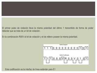 El primer pulso de violación lleva la misma polaridad del último 1 transmitido de forma de poder
detectar que se trata de un bit de violación.
En la combinación R00V el bit de violación y el de relleno poseen la misma polaridad.
Esta codificación es la interfaz de línea estándar para E1
 