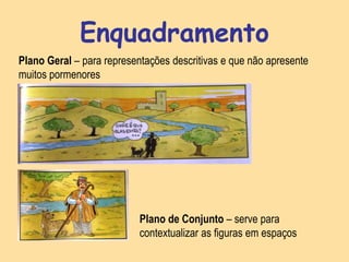 Enquadramento
Plano Geral – para representações descritivas e que não apresente
muitos pormenores




                           Plano de Conjunto – serve para
                           contextualizar as figuras em espaços
 