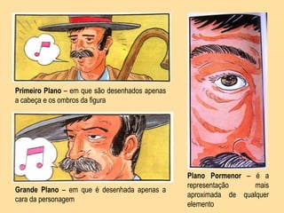 Primeiro Plano – em que são desenhados apenas
a cabeça e os ombros da figura




                                                Plano Pormenor – é a
                                                representação     mais
Grande Plano – em que é desenhada apenas a
                                                aproximada de qualquer
cara da personagem
                                                elemento
 