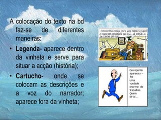 A colocação do texto na bd
  faz-se de diferentes
  maneiras:
• Legenda- aparece dentro
  da vinheta e serve para
  situar a acção (história);
• Cartucho- onde se
  colocam as descrições e
  a voz do narrador;
  aparece fora da vinheta;
 