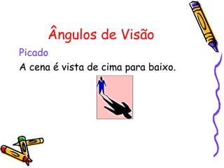 Ângulos de Visão Picado A cena é vista de cima para baixo. 