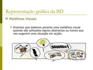 Representação gráfica da BD 
 Metáforas Visuais 
 Dizemos que estamos perante uma metáfora visual 
quando são utilizados signos abstractos ou ícones que 
nos sugerem uma situação em acção. 
 