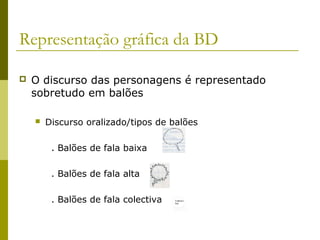 Representação gráfica da BD 
 O discurso das personagens é representado 
sobretudo em balões 
 Discurso oralizado/tipos de balões 
. Balões de fala baixa 
. Balões de fala alta 
. Balões de fala colectiva 
 