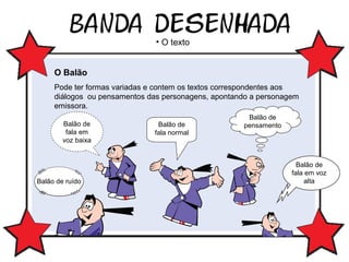 • O texto
O Balão
Pode ter formas variadas e contem os textos correspondentes aos
diálogos ou pensamentos das personagens, apontando a personagem
emissora.
Balão de
fala em
voz baixa

Balão de ruído

Balão de
fala normal

Balão de
pensamento

Balão de
fala em voz
alta

 