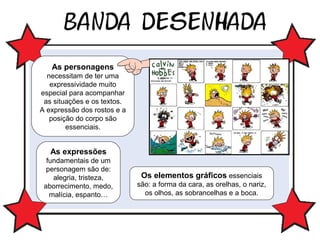 As personagens
necessitam de ter uma
expressividade muito
especial para acompanhar
as situações e os textos.
A expressão dos rostos e a
posição do corpo são
essenciais.

As expressões
fundamentais de um
personagem são de:
alegria, tristeza,
aborrecimento, medo,
malícia, espanto…

Os elementos gráficos essenciais
são: a forma da cara, as orelhas, o nariz,
os olhos, as sobrancelhas e a boca.

 