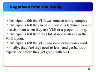 15
Negatives from the Study
•Participants felt the VLE was unnecessarily complex.
•Participants felt they need support of a technical person
to assist them when they use VLE or a proper training.
•Participants felt there was lot of inconsistency in the
VLE layout.
•Participants felt the VLE was cumbersome/awkward.
•Finally, they feel they need to learn and get hands on
experience before they get going with VLE.
 