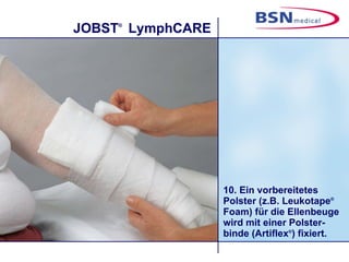 10. Ein vorbereitetes Polster (z.B. Leukotape ®  Foam) für die Ellenbeuge wird mit einer Polster-binde (Artiflex ® ) fixiert.  