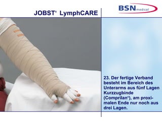 23. Der fertige Verband besteht im Bereich des Unterarms aus fünf Lagen Kurzzugbinde (Comprilan ® ), am proxi-malen Ende nur noch aus drei Lagen. 