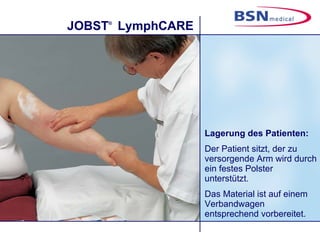 Lagerung des Patienten: Der Patient sitzt, der zu versorgende Arm wird durch ein festes Polster unterstützt. Das Material ist auf einem Verbandwagen entsprechend vorbereitet. 