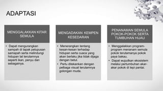 ADAPTASI
MENGGALAKKAN KITAR
SEMULA
• Dapat mengurangkan
sampah di tapak pelupusan
samapah serta melindungi
hidupan lat terutamnya
seperti ikan, penyu dan
sebagainya.
MENGADAKAN KEMPEN
KESEDARAN
• Menerangkan tentang
kesan-kesan terhadap
hidupan serta cuaca yang
akan berlaku jika tidak dijaga
dengan betul.
• Perlu ditekankan dengan
pelbaga visual terutamnya
golongan muda.
PENANAMAN SEMULA
POKOK-POKOK SERTA
TUMBUHAN HIJAU
• Menggalakkan program-
program menanam semula
pokok terutamanya pokok
paya bakau.
• Dapat wujudkan ekosistem
melalui pertumbuhan akar-
akar pokok di tepi pantai.
 