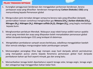 PELAN TINDAKAN MITIGASI
1. Kurangkan penggunaan kenderaan dan menggalakan perkonsian kenderaan, kerana
perlepasan asap yang dihasilkan kenderaan mengandungi Carbon Dioksida ( C02) yang
menyumbang kepada Pemanasan global
2. Menguruskan janis ternakan dengan sempurna kerana najis yang dihasilkan daripada
penternakkan haiwan contohnya menghasilkan gas Metana (CH4) .Karbon dioksida (CO2),
Nitrogen (N2), Hidrogen (H2). Hidrogen sulfida (H2S), Oksigen (O2) yang begitu merbahaya
kepada bumi.
3. Mengharamkan perlakuan Merokak. Walaupun asap rokok hanya sedikit namun apabila
ramai yang merokok dan asap yang dilepaskan boleh menyebabkan pemanasan global
akibat daripada kandungan CO2 yang terdapat di dalamnya.
4. Mengelakkan pembakaran sampah secara berleluasa, sebaliknya menggalakkan kaedah
kitar semula sekaligus mengurangkan kadar pembuangan sampah.
5. Memasangkan perangkap Khas bagi menapis asap hasil daripada aktiviti perindustrian
yang merupakan punca utama kepada fenomena pemanasan global hasil daripada
pembakaran bahan api fosil seperti minyak, gas dan arang batu.
5. Memanfaatkan tenaga boleh diperbaharui seperti tenaga solar, tenaga angin, tenaga angin
dan sebagainya bagi menggantikan bahan bakar fosil.
 