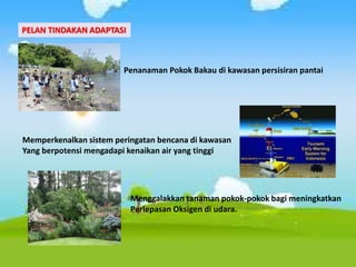 PELAN TINDAKAN ADAPTASI
Penanaman Pokok Bakau di kawasan persisiran pantai
Memperkenalkan sistem peringatan bencana di kawasan
Yang berpotensi mengadapi kenaikan air yang tinggi
Menggalakkan tanaman pokok-pokok bagi meningkatkan
Perlepasan Oksigen di udara.
 