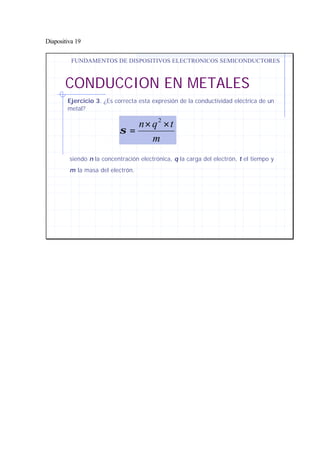 Diapositiva 19
CONDUCCION EN METALES
FUNDAMENTOS DE DISPOSITIVOS ELECTRONICOS SEMICONDUCTORES
Ejercicio 3. ¿Es correcta esta expresión de la conductividad eléctrica de un
metal?
m
tqn ××
=
2
σ
siendo n la concentración electrónica, q la carga del electrón, t el tiempo y
m la masa del electrón.
 