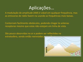 Aplicações…
A modulação de amplitude (AM) é viável em qualquer frequência, mas
as emissoras de rádio fazem-na usando as frequências mais baixas.

Contornam facilmente obstáculos, podendo chegar às antenas
receptoras mesmo que estas não estejam em linha de vista.

São pouco absorvidas no ar e podem ser reflectidas na
estratosfera, sendo então reenviadas para a Terra.
 