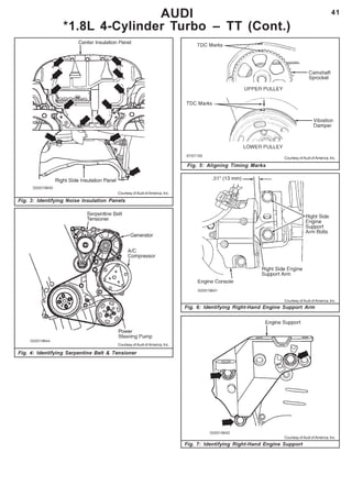 41
Fig. 5: Aligning Timing Marks
Courtesy of Audi of America, Inc.
AUDI
*1.8L 4-Cylinder Turbo – TT (Cont.)
Courtesy of Audi of America, Inc.
Fig. 3: Identifying Noise Insulation Panels
Courtesy of Audi of America, Inc.
Fig. 4: Identifying Serpentine Belt & Tensioner
Courtesy of Audi of America, Inc.
Fig. 6: Identifying Right-Hand Engine Support Arm
Fig. 7: Identifying Right-Hand Engine Support
Courtesy of Audi of America, Inc.
 