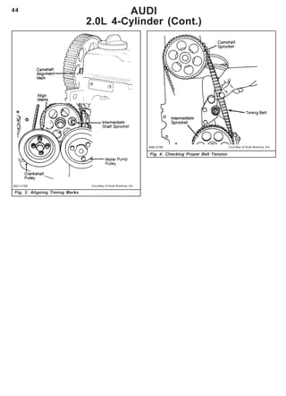 44 AUDI
2.0L 4-Cylinder (Cont.)
Fig. 4: Checking Proper Belt Tension
Fig. 3: Aligning Timing Marks
 