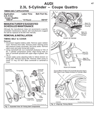 47AUDI
2.3L 5-Cylinder – Coupe Quattro
TIMING BELT APPLICATION
Application Labor Time Belt Part No.
2.3L 5-Cyl.
Coupe Quattro
1990-91 ................. 1.8 Hours ................. 250197
MANUFACTURER’SSUGGESTED
SCHEDULEDMAINTENANCE
Although the manufacturer does not recommend a specific
scheduled maintenance interval, belt manufacturers suggest
the belt be replaced at 60,000 mile intervals.
REMOVAL&INSTALLATION
TIMING BELT & COVER
Removal:
• Disconnect negative battery cable. Remove upper radiator
cover. Remove drive belts. Remove power steering pump
with pressure hoses connected. Set pump aside. Remove
valve cover and outer timing belt covers.
• Using crankshaft bolt, turn crankshaft clockwise to TDC of
No. 1 cylinder compression stroke. Align timing mark on
back of camshaft sprocket with upper edge of gasket. See
Fig. 2.
• Loosen water pump adjusting bolts to relieve tension on
timing belt. Remove timing belt. Remove water pump to
check “O” ring. DO NOT allow crankshaft or camshaft to
move.
Fig. 1: Exploded View Of Timing Belt Components
92A00398 Courtesy of Audi of America, Inc.
Fig. 2: Aligning Timing Marks
 