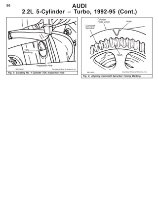 50 AUDI
2.2L 5-Cylinder – Turbo, 1992-95 (Cont.)
Fig. 3: Locating No. 1 Cylinder TDC Inspection Hole
Fig. 4: Aligning Camshaft Sprocket Timing Marking
96G14643 Courtesy of Audi of America, Inc.
 