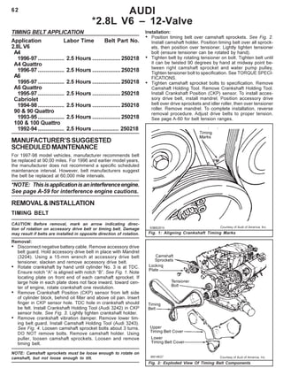 62 AUDI
*2.8L V6 – 12-Valve
TIMING BELT APPLICATION
Application Labor Time Belt Part No.
2.8L V6
A4
1996-97 ................. 2.5 Hours ..................250218
A4 Quattro
1996-97 ................. 2.5 Hours ..................250218
A6
1995-97 ................. 2.5 Hours ..................250218
A6 Quattro
1995-97 ................. 2.5 Hours ..................250218
Cabriolet
1994-98 ................. 2.5 Hours ..................250218
90 & 90 Quattro
1993-95 ................. 2.5 Hours ..................250218
100 & 100 Quattro
1992-94 ................. 2.5 Hours ................. 250218
MANUFACTURER’SSUGGESTED
SCHEDULEDMAINTENANCE
For 1997-98 model vehicles, manufacturer recommends belt
be replaced at 90,00 miles. For 1996 and earlier model years,
the manufacturer does not recommend a specific scheduled
maintenance interval. However, belt manufacturers suggest
the belt be replaced at 60,000 mile intervals.
*NOTE: Thisisapplicationisaninterferenceengine.
See page A-59 for interference engine cautions.
REMOVAL&INSTALLATION
TIMING BELT
CAUTION: Before removal, mark an arrow indicating direc-
tion of rotation on accessory drive belt or timing belt. Damage
may result if belts are installed in opposite direction of rotation.
Removal:
• Disconnect negative battery cable. Remove accessory drive
belt guard. Hold accessory drive belt in place with Mandrel
(3204). Using a 15-mm wrench at accessory drive belt
tensioner, slacken and remove accessory drive belt.
• Rotate crankshaft by hand until cylinder No. 3 is at TDC.
Ensure notch “A” is aligned with notch “B”. See Fig. 1. Note
locating plate on front end of each camshaft sprocket. If
large hole in each plate does not face inward, toward cen-
ter of engine, rotate crankshaft one revolution.
• Remove Crankshaft Position (CKP) sensor from left side
of cylinder block, behind oil filter and above oil pan. Insert
finger in CKP sensor hole. TDC hole in crankshaft should
be felt. Install Crankshaft Holding Tool (Audi 3242) in CKP
sensor hole. See Fig. 3. Lightly tighten crankshaft holder.
• Remove crankshaft vibration damper. Remove lower tim-
ing belt guard. Install Camshaft Holding Tool (Audi 3243).
See Fig. 4. Loosen camshaft sprocket bolts about 3 turns.
DO NOT remove bolts. Remove camshaft holder. Using
puller, loosen camshaft sprockets. Loosen and remove
timing belt.
NOTE: Camshaft sprockets must be loose enough to rotate on
camshaft, but not loose enough to tilt.
Installation:
• Position timing belt over camshaft sprockets. See Fig. 2.
Install camshaft holder. Position timing belt over all sprock-
ets, then position over tensioner. Lightly tighten tensioner
bolt (ensure tensioner can be rotated by hand).
• Tighten belt by rotating tensioner on bolt. Tighten belt until
it can be twisted 90 degrees by hand at midway point be-
tween right camshaft sprocket and water pump pulley.
Tighten tensioner bolt to specification. See TORQUE SPECI-
FICATIONS.
• Tighten camshaft sprocket bolts to specification. Remove
Camshaft Holding Tool. Remove Crankshaft Holding Tool.
Install Crankshaft Position (CKP) sensor. To install acces-
sory drive belt, install mandrel. Position accessory drive
belt over drive sprockets and idler roller, then over tensioner
roller. Remove mandrel. To complete installation, reverse
removal procedure. Adjust drive belts to proper tension.
See page A-60 for belt tension ranges.
Fig. 1: Aligning Crankshaft Timing Marks
Fig. 2: Exploded View Of Timing Belt Components
 