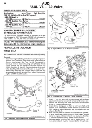 64 AUDI
*2.8L V6 – 30-Valve
TIMING BELT APPLICATION
Application Labor Time Belt Part No.
2.8L V6, 30-Valve (AHA & ATQ Engines)
A4 &A4 Quattro
1998-99 ................. 4.2 Hours ..................250297
A6 & A6 Quattro, Non-Turbo
1998-00 ................. 4.6 Hours ..................250297
A6 & A6 Quattro, Turbo
1998-00 ................. 5.2 Hours ................. 250297
MANUFACTURER’SSUGGESTED
SCHEDULEDMAINTENANCE
The manufacturer suggests the belt be replaced at 90,000
mile intervals for 1997-98 models, 75,000 mile intervals for
1999 models, and 105,000 miles on 2000 models.
*NOTE: This application is an interference engine.
See page A-59 for interference engine cautions.
REMOVAL&INSTALLATION
TIMING BELT
NOTE: Obtain radio anti-theft code before disconnecting battery.
Removal
• Disconnect negative battery cable. Remove engine top cover.
Remove noise insulation panel from under front of vehicle.
• Remove front bumper. See Figs. 1 and 2. Remove air in-
take duct from air cleaner housing. On right side of lock
carrier, remove bolt and install Lock Carrier Support Tool
(3369). See Figs. 3, 4 and 5. Remove lock carrier-to-body
bolts. Carefully slide lock carrier forward on support tool.
• Hold cooling fan pulley with spanner wrench. Unscrew and
remove viscous cooling fan clutch from pulley. Viscous cool-
ing fan is LEFT-HAND threaded.
Courtesy of Audi of America, Inc.
Fig. 1: Exploded View Of A4 Bumper Assembly
Courtesy of Audi of America, Inc.
Fig. 2: Exploded View Of A6 Bumper Assembly
Courtesy of Audi of America, Inc.
Fig. 3: Exploded View Of A4 Lock Carrier Assembly
• Use a 17 mm box wrench to turn serpentine belt tensioner
counterclockwise to relieve belt tension and remove ser-
pentine belt. If reusing belt, mark belt rotation direction with
arrow for reassembly reference.
• Unclip timing belt guard on front of both camshafts and
remove. Turn crankshaft in normal direction of rotation until
TDC marks on crankshaft pulley and timing belt cover are
aligned. See Fig. 6.
• Note securing plate on front end of each camshaft sprocket.
If large hole in each plate does not face inward, toward
center of engine, rotate crankshaft one revolution. See Fig.
7. Ensure crankshaft timing marks are still aligned.
• Remove sealing plug from left side of engine block. TDC
mark on crankshaft must be visible or be felt through seal-
 
