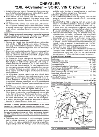 95CHRYSLER
*2.0L 4-Cylinder – SOHC, VIN C (Cont.)
• Install right engine mount. Remove jack from under en-
gine. Install crankshaft damper and tighten bolt to specifi-
cation. See TORQUE SPECIFICATIONS.
• Raise vehicle on hoist. Install right inner splash shield.
Lower vehicle. Install accessory drive belts. Adjust drive
belts to proper tension. See page A-60 for belt tension
ranges.
• On Neon models, connect scan tool to Data Link Connec-
tor (DLC) under lower left edge of instrument panel. Follow
scan tool manufacturer’s instructions to access the cam/
crank relearn procedure. Perform cam/crank relearn pro-
cedure.
NOTE: Chrysler recommends replacing worn mechanical tensioners
with updated hydraulic tensioner kits. Information is from Chrysler
technical service bulletin 09-06-00; March 10, 2000.
Removal (Mechanical Tensioner):
• Remove No. 1 spark plug. Using dial indicator, set number
one cylinder to TDC of compression stroke. Remove ac-
cess plug from top of timing belt cover. See Fig. 1. Ensure
timing mark on camshaft aligns with mark on rear cover.
See Fig. 6.
• Disconnect negative battery cable. Remove accessory drive
belts. Raise vehicle and remove right inner splash shield.
See Fig. 7. Remove crankshaft damper bolt. Use gear puller
to remove crankshaft damper.
• On Breeze and Stratus, lower vehicle and place a jack un-
der engine to support weight. Remove right engine mount
from engine and body. Remove generator (with wiring at-
tached) and bracket, and secure out of way. Remove en-
gine mount bracket from engine. For 2000 Breeze and Stra-
tus, remove accessory drive belt idler pulley from genera-
tor bracket. Remove generator bracket-to-engine bolts.
Move bracket away from engine for clearance to remove
timing belt cover.
• On 2000 Neon, remove lower torque strut. On all Neon
models, lower vehicle and place jack under engine to sup-
port weight. Remove power steering pump with hoses at-
tached, and secure out of way. Remove upper torque strut
(if equipped). Remove right engine mount-to-engine mount
bracket through bolt. Remove engine mount bracket from
engine.
• On all models, remove timing belt cover. Rotate the crank-
shaft so that timing marks are aligned. See Fig. 6.
• Install an 8 mm Allen wrench into timing belt tensioner. See
Fig. 6. Insert long end of a 3 mm Allen wrench into pin hole
in the front of tensioner. Slowly rotate tensioner counter-
clockwise with 8 mm Allen wrench while pushing lightly on
the 3 mm Allen wrench, until it slides into the locking hole.
• If reusing old timing belt, mark belt with arrow to indicate
direction of rotation. Remove timing belt.
CAUTION: To prevent pistons from hitting valves, do not rotate
camshaft or crankshaft after removing the timing belt.
NOTE: Mechanical timing belt tensioner is serviced as an assembly.
To prevent premature timing belt failure and engine damage,
do NOT separate tensioner pulley from tensioner bracket.
Inspection:
• Check belt teeth for damage or oil contamination. Inspect
belt for glossy, hardened or non-elastic surface. Ensure
the belt is not cracked, separated or showing canvas fiber.
Inspect all sprockets for damage. Check tensioner pulley
and idler pulley for signs of grease leakage or roughness
in rotation. Replace components if damaged.
Installation (Mechanical Tensioner):
• Set crankshaft sprocket to TDC by aligning sprocket with
arrow on oil pump housing, then back off to 3 notches be-
fore TDC.
• Set camshaft to TDC by aligning mark on sprocket with
arrow on rear of timing belt cover. See Fig. 6. Move crank-
shaft to 1/2 mark before TDC for belt installation. See Fig.
5. Install timing belt by starting at crankshaft, then around
water pump sprocket and then camshaft sprocket. See Fig.
6. Move crankshaft sprocket to TDC to take up belt slack.
• Remove Allen wrench from timing belt tensioner pulley. Ro-
tate crankshaft clockwise 2 revolutions. Check alignment
of camshaft and crankshaft timing marks. If timing marks
do not align, remove timing belt and realign timing marks.
• Install front timing belt cover. Install engine mount bracket
to engine. Continue installation in reverse of removal pro-
cedure. Tighten all fasteners to specification. See TORQUE
SPECIFICATIONS. Adjust accessory drive belts to proper
tension. See page A-60 for belt tension ranges.
• On 1998-00 Neon models, connect scan tool to Data Link
Connector under lower left edge of dash. Follow scan tool
manufacturer’s instructions to access the cam/crank re-
learn procedure. Perform cam/crank relearn procedure.
TORQUE SPECIFICATIONS
Application Ft. Lbs. (N.m)
Camshaft Sprocket Bolt ............................................ 85 (115)
Crankshaft Damper Bolt ......................................... 105 (142)
Engine Mount Bolt .......................................................... 45 (61)
Engine Mount Bracket-to-Engine Bolts ....................... 45 (61)
Engine Torque Strut Bolts (2001-00 Neon) .................. 87 (118)
Generator Mounting Bolts............................................... 45 (61)
Power Steering Pump Mounting Bolts ............................ 40 (54)
Timing Belt Tensioner Bolt
Hydraulic Tensioner ................................................... 23 (31)
Timing Belt Tensioner Bracket Bolt
Mechanical Tensioner ................................................ 23 (31)
INCH Lbs. (N.m)
Timing Belt Cover Bolts (M6) .................................... 106 (12)
Water Pump Mounting Bolts ..................................... 106 (12)
Courtesy of DaimlerChrysler
Fig. 7: Exploded View Of Splash Shield Components
 