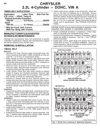 96
TIMING BELT APPLICATION
Application Labor Time Belt Part No.
2.2L 4-Cyl. – DOHC, Turbo III
Daytona (Includes Canadian)
1992-93 .............. 1
2.6 Hours .................250206
Spirit
1991-92 ................ 1
4.1 Hours .................250206
1
-With Air Cond. add .2 hours.
With Pwr. Strng. add .2 hours.
MANUFACTURER’SSUGGESTED
SCHEDULEDMAINTENANCE
Although the manufacturer does not recommend a specific
scheduled maintenance interval, belt manufacturers suggest
the belt be replaced every 60,000 miles.
REMOVAL&INSTALLATION
TIMING BELT
Removal:
• Remove PCV hose. Remove upper timing belt cover. Re-
move accessory drive belts. Rotate crankshaft so that cyl-
inder No. 1 is at TDC of compression stroke.
• Raise vehicle on hoist and remove right wheel and inner
splash shield. Remove water pump pulley. Remove crank-
shaft pulley bolts and remove pulley. It is NOT necessary to
remove center bolt from the crankshaft.
• Remove lower accessory drive belt idler pulley and
tensioner pulley. Remove lower timing belt cover. Remove
accessory drive belt idler pulley bracket.
• Lower vehicle. Place floor jack under vehicle to support
weight of engine and transaxle assembly. Remove right
engine mount (timing belt end of engine). Note position
and number of shims for reassembly reference.
• Remove air cleaner fresh air duct. Remove ignition sec-
ondary wire cover from top of engine. Remove valve covers.
• Loosen center bolt of timing belt tensioner pulley to relieve
timing belt tension. If reusing old timing belt, mark belt with
arrow to indicate original direction of rotation. Remove tim-
ing belt.
Inspection:
• Inspect timing belt for damaged teeth, cracking and oil con-
tamination. Check timing belt tensioner for worn bearing.
Check camshaft, crankshaft and intermediate shaft seals
for leaks. Replace damaged components.
Installation:
• Loosen rocker arm assembly bolts about 3 turns. See Fig.
1. Align and pin both camshafts with 3/32” drill bits or pins.
See Fig. 2. Accessory drive shaft does not have to be timed.
Remove spark plugs.
• Install a dial indicator in No. 1 spark plug hole. Rotate crank-
shaft until No. 1 piston is at TDC. Mark engine block for
TDC reference.
• Install timing belt and idler pulley in correct sequence. See
Fig. 2. Remove dial indicator from cylinder head. Remove
drill bits or pins from camshaft sprockets.
CHRYSLER
2.2L 4-Cylinder – DOHC, VIN A
Courtesy of DaimlerChrysler
Fig. 1: Rocker Arm Loosening & Tightening Sequence
• Install a belt tension gauge on the timing belt. Install ten-
sion on the belt run between the 2 camshafts. Tension
gauge must contact timing belt between the teeth to get an
accurate reading. Rotate timing belt tensioner clockwise to
obtain a tension of 110 lbs. (445 N.) for a new belt, or 70
lbs. (311 N.) for a used belt. Tighten timing belt tensioner
center bolt to specification. See TORQUE SPECIFICA-
TIONS.
CAUTION: Do NOT reverse rotate crankshaft or attempt to rotate
crankshaft using camshaft or intermediate shaft bolt.
• Rotate crankshaft clockwise 2 revolutions. Check align-
ment of camshaft and crankshaft timing marks.
• Recheck timing belt tension. Readjust, if necessary. Tighten
rocker arm shafts in sequence. See Fig. 1. See TORQUE
SPECIFICATIONS.
• Install valve covers, spark plugs and ignition wire covers.
Install fresh air duct. To complete installation, reverse re-
moval procedure. Adjust drive belts to proper tension. See
page A-60 for belt tension ranges.
 