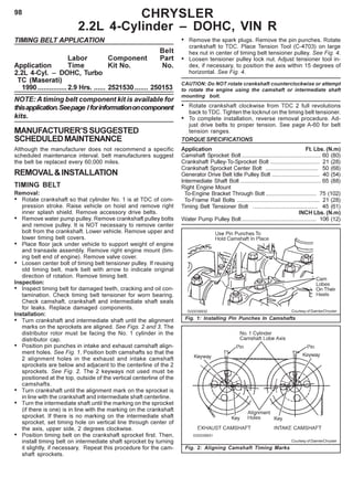 98
Fig. 2: Aligning Camshaft Timing Marks
TIMING BELT APPLICATION
Belt
Labor Component Part
Application Time Kit No. No.
2.2L 4-Cyl. – DOHC, Turbo
TC (Maserati)
1990...............2.9 Hrs. ...... 2521530....... 250153
NOTE: A timing belt component kit is available for
thisapplication.Seepage Iforinformationoncomponent
kits.
MANUFACTURER’SSUGGESTED
SCHEDULEDMAINTENANCE
Although the manufacturer does not recommend a specific
scheduled maintenance interval, belt manufacturers suggest
the belt be replaced every 60,000 miles.
REMOVAL&INSTALLATION
TIMING BELT
Removal:
• Rotate crankshaft so that cylinder No. 1 is at TDC of com-
pression stroke. Raise vehicle on hoist and remove right
inner splash shield. Remove accessory drive belts.
• Remove water pump pulley. Remove crankshaft pulley bolts
and remove pulley. It is NOT necessary to remove center
bolt from the crankshaft. Lower vehicle. Remove upper and
lower timing belt covers.
• Place floor jack under vehicle to support weight of engine
and transaxle assembly. Remove right engine mount (tim-
ing belt end of engine). Remove valve cover.
• Loosen center bolt of timing belt tensioner pulley. If reusing
old timing belt, mark belt with arrow to indicate original
direction of rotation. Remove timing belt.
Inspection:
• Inspect timing belt for damaged teeth, cracking and oil con-
tamination. Check timing belt tensioner for worn bearing.
Check camshaft, crankshaft and intermediate shaft seals
for leaks. Replace damaged components.
Installation:
• Turn crankshaft and intermediate shaft until the alignment
marks on the sprockets are aligned. See Figs. 2 and 3. The
distributor rotor must be facing the No. 1 cylinder in the
distributor cap.
• Position pin punches in intake and exhaust camshaft align-
ment holes. See Fig. 1. Position both camshafts so that the
2 alignment holes in the exhaust and intake camshaft
sprockets are below and adjacent to the centerline of the 2
sprockets. See Fig. 2. The 2 keyways not used must be
positioned at the top, outside of the vertical centerline of the
camshafts.
• Turn crankshaft until the alignment mark on the sprocket is
in line with the crankshaft and intermediate shaft centerline.
• Turn the intermediate shaft until the marking on the sprocket
(if there is one) is in line with the marking on the crankshaft
sprocket. If there is no marking on the intermediate shaft
sprocket, set timing hole on vertical line through center of
the axis, upper side, 2 degrees clockwise.
• Position timing belt on the crankshaft sprocket first. Then,
install timing belt on intermediate shaft sprocket by turning
it slightly, if necessary. Repeat this procedure for the cam-
shaft sprockets.
CHRYSLER
2.2L 4-Cylinder – DOHC, VIN R
Courtesy of DaimlerChrysler
Courtesy of DaimlerChrysler
Fig. 1: Installing Pin Punches In Camshafts
• Remove the spark plugs. Remove the pin punches. Rotate
crankshaft to TDC. Place Tension Tool (C-4703) on large
hex nut in center of timing belt tensioner pulley. See Fig. 4.
• Loosen tensioner pulley lock nut. Adjust tensioner tool in-
dex, if necessary, to position the axis within 15 degrees of
horizontal. See Fig. 4.
CAUTION: Do NOT rotate crankshaft counterclockwise or attempt
to rotate the engine using the camshaft or intermediate shaft
mounting bolt.
• Rotate crankshaft clockwise from TDC 2 full revolutions
back to TDC. Tighten the locknut on the timing belt tensioner.
• To complete installation, reverse removal procedure. Ad-
just drive belts to proper tension. See page A-60 for belt
tension ranges.
TORQUE SPECIFICATIONS
Application Ft. Lbs. (N.m)
Camshaft Sprocket Bolt .................................................. 60 (80)
Crankshaft Pulley-To-Sprocket Bolt ............................... 21 (28)
Crankshaft Sprocket Center Bolt ................................. 50 (68)
Generator Drive Belt Idle Pulley Bolt .............................. 40 (54)
Intermediate Shaft Bolt ................................................... 65 (88)
Right Engine Mount
To-Engine Bracket Through Bolt ................................ 75 (102)
To-Frame Rail Bolts .................................................... 21 (28)
Timing Belt Tensioner Bolt ......................................... 45 (61)
INCH Lbs. (N.m)
Water Pump Pulley Bolt............................................... 106 (12)
 