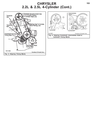103
Fig. 3: Aligning Timing Marks
Fig. 4: Aligning Crankshaft, Intermediate Shaft &
Camshaft Timing Marks
CHRYSLER
2.2L & 2.5L 4-Cylinder (Cont.)
 