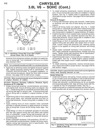 112
tensioner from temporary position and allow it to apply ten-
sion to timing belt. Turn crankshaft 2 full turns in a clock-
wise direction ONLY.
NOTE: Turn crankshaft smoothly and ONLY in a clockwise direction.
• Again line up all timing marks and tighten tensioner against
belt. Tighten tensioner locking bolt to specification. See
TORQUE SPECIFICATIONS. To complete installation, re-
verse removal procedures. Adjust the drive belts to proper
tension. See page A-60 for belt tension ranges.
CAUTION: When reusing timing belt, ensure timing belt is installed
in original direction of rotation.
Acclaim, Daytona, Dynasty, LeBaron, Shadow, Spirit,
Sundance & TC (1990-96):
• Rotate timing belt tensioner counterclockwise and tempo-
rarily tighten bolt. Ensure all timing marks are aligned. See
Fig. 1. Install timing belt on crankshaft sprocket while hold-
ing timing belt tight on tension side. If reusing timing belt,
ensure timing belt is installed in original direction of rota-
tion.
• Install timing belt on front (radiator side) camshaft sprocket,
water pump pulley, rear camshaft sprocket and then on
timing belt tensioner. Ensure timing belt is installed in this
order.
• Apply rotating force on front (radiator side) camshaft
sprocket in opposite direction to apply pressure on tension
side of timing belt. Ensure all the timing marks align. See
Fig. 1.
• Install flange on front of crankshaft sprocket (if removed)
with flat side against timing belt and offset side toward
front of crankshaft. Loosen timing belt tensioner bolt, al-
lowing spring tension to be applied on timing belt tensioner
and timing belt.
• Rotate crankshaft clockwise 2 full revolutions. DO NOT ro-
tate crankshaft counterclockwise. Realign all timing marks.
Tighten timing belt tensioner bolt to specification. See
TORQUE SPECIFICATIONS table.
Fig. 4: Identifying Timing Belt Cover Bolt Lengths
(Except Raider, Ram 50 & Stealth)
CHRYSLER
3.0L V6 – SOHC (Cont.)
• To install remaining components, reverse removal proce-
dure. Ensure timing belt cover bolts are installed in original
location. See Fig. 4. Tighten bolts to specification. Adust
drive belts to proper tension. See page A-60 for belt tension
ranges.
Caravan & Voyager:
• If timing belt tensioner spring was removed, install spring
on tensioner arm with end of hook facing out (away from
engine).
• Ensure all timing marks are aligned. See Fig. 1. Install
timing belt on crankshaft sprocket while holding timing belt
tight on tension side. See Fig. 1. If reusing timing belt, en-
sure timing belt is installed in original direction of rotation.
• Install timing belt on front (radiator side) camshaft sprocket,
water pump pulley, rear camshaft sprocket and then on
timing belt tensioner. Ensure timing belt is installed in this
order and there is no slack in belt.
• Install flange on front of crankshaft sprocket with fiat side
against timing belt and offset side toward front of crank-
shaft. Loosen timing belt tensioner bolt, allowing spring
tension to be applied on timing belt tensioner and timing
belt.
• Slowly rotate crankshaft clockwise 2 full revolutions. DO
NOT rotate crankshaft counterclockwise. Realign all timing
marks. Tighten timing belt tensioner bolt to specification.
See TORQUE SPECIFICATIONS table.
• Install timing belt covers. Ensure bolts are installed in origi-
nal locations. See Fig. 4. Install engine support bracket.
Install right side engine mount. Install crankshaft vibration
damper.
• To install remaining components, reverse removal proce-
dure. Adjust drive belts to proper tension. See page A-60 for
belt tension ranges.
CAUTION: Engine support bracket reamer bolt must be tightened
slowly while spraying lubricant on bolt.
Raider & Ram 50:
• Install belt tensioner and spring. Ensure spring is secured
on pin of water pump and engaged in hole of belt tensioner
with hook of spring pointing away from cylinder block.
• Rotate belt tensioner counterclockwise as far as possible
and temporarily tighten bolt. Align all timing marks with No.
1 cylinder at TDC of compression stroke. See Fig. 1.
• Install timing belt on crankshaft sprocket and then left cam-
shaft sprocket with all slack removed from tension side of
Courtesy of DaimlerChrysler
Fig. 5: Identifying Timing Belt Cover Bolt Lengths
(Raider & Ram 50)
 
