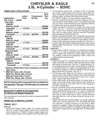 121
TIMING BELT APPLICATION
Belt
Labor Component Part
Application Time Kit No. No.
2.0L 4-Cyl. – SOHC
Colt Vista
1984-86
Balance Shaft .....1
..................................250090
Camshaft ............2
2.8 Hrs. .....................250089
1987-91
Balance Shaft .....1
..................................250159
Camshaft ............2
2.8 Hrs. . 2521581 ..... 250158
Ram 50
1983-86
Balance Shaft ...1
..................................250090
Camshaft ...........3
2.3 Hrs. .....................250089
1987-89
Balance Shaft ...1
..................................250159
Camshaft ...........3
2.3 Hrs. . 2521581 ..... 250158
Vista (Canada)
1989-91
Balance Shaft ...1
..................................250159
Camshaft ...........2
2.8 Hrs .. 2521581..... 250158
2000GTX (Canada)
1989-92
Balance Shaft ..1
..................................250159
Camshaft .........2
2.8 Hrs. .....................250155
1
-Balance Shaft labor time included in camshaft
labor time.
2
-With Air Cond. add .2 hours.
With Pwr. Strng. add .2 hours.
3
-With Air Cond. add .7 hours.
With Pwr. Strng. add .2 hours
NOTE: A timing belt component kit is available for
thisapplication.Seepage Iforinformationoncomponent
kits.
MANUFACTURER’SSUGGESTED
SCHEDULEDMAINTENANCE
The manufacturer recommends the belt be replaced at 60,000
mile intervals.
REMOVAL&INSTALLATION
TIMING BELT
Removal:
• Disconnect negative battery cable. On vehicles equipped
with A/C, remove upper radiator shroud and cooling fan/
clutch assembly. On 1989-91 models, support engine and
remove upper engine mount located near timing belt cover.
• On all vehicles, position No. 1 cylinder at TDC of compres-
sion stroke. Loosen pulley bolts. Remove drive belts. Re-
move crankshaft, water pump and power steering pulleys.
Remove upper and lower front timing belt covers.
• On 1989-91 models, remove tensioner pulley bracket.
• Relieve camshaft timing belt tensioner pressure and se-
cure tensioner toward water pump. If camshaft timing belt
is to be reused, mark belt with an arrow indicating direction
of rotation and remove camshaft timing belt.
• Rotate crankshaft in direction of rotation and align timing
marks. See Fig. 1. Remove crankshaft sprocket attaching
bolt. Loosen main tensioner pivot and disengage spring
from boss on water pump. Remove tensioner assembly.
Remove balance shaft belt (belt “A”).
• Remove camshaft sprocket, then crankshaft sprocket and
flange. Remove plug from lower left side of cylinder block,
then insert screwdriver into hole to hold balance shaft in
position while removing oil pump sprocket nut. See Fig. 2.
• Loosen right side balance shaft sprocket bolt, then remove
balance shaft belt tensioner. Remove balance shaft timing
belt (belt “B”).
Inspection:
• Inspect back of belt for hardness, non-elasticity and glossy
surface. If no mark is produced when fingernail is forced
into it, replace belt. Check for rounded sides on belt, flak-
ing, peeling, cracking and separating rubber. Cracks are
most evident at base of tooth.
Installation:
• Install timing belt “B”, ensuring tension side has no slack.
Align crankshaft and balance shaft sprocket timing marks
with marks on timing case. See Fig. 3. Install tensioner “B”
so only light pressure is on belt. Ensure flange on tensioner
is mounted away from engine and finger-tighten bolt. En-
sure that the pulley is to left of installation bolt and pulley
flange faces front of engine. See Fig. 4.
• Lift tensioner with finger tip until slack is removed from
tension side of belt. Tighten tensioner bolt, being careful to
prevent turning shaft. Ensure timing marks are in align-
ment. Tighten right silent shaft bolt.
• Check belt tension by pressing center of tension side in-
ward, using index finger and measuring belt deflection.
Deflection should be .195-.265" (5.0-7.0 mm). Readjust if
not within specification.
• Ensure camshaft timing belt sprockets align with timing
marks. Ensure tensioner is fully toward water pump and
install camshaft timing belt (belt “A”) in order of crankshaft
sprocket, oil pump sprocket and camshaft sprocket. En-
sure tension side of belt has no slack. Loosen tensioner
mounting bolt and nut and allow tensioner spring to ten-
sion belt.
• Tighten slot side bolt and then tighten nut. Ensure all timing
marks are in correct alignment. Turn crankshaft clockwise
one revolution. Loosen mounting nut and bolt to allow
tensioner to readjust. Tighten slot side bolt, then tighten nut.
Reverse removal procedure to complete reassembly. Adjust
drive belts to proper tension. See page A-60 for belt tensiion
ranges.
CHRYSLER & EAGLE
2.0L 4-Cylinder – SOHC
 