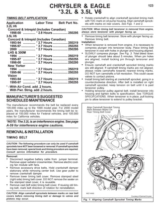 123CHRYSLER & EAGLE
*3.2L & 3.5L V6
TIMING BELT APPLICATION
Application Labor Time Belt Part No.
3.2L V6
Concord & Intrepid (Includes Canadian)
1998-00 .............. 1
2.8 Hours .................250295
3.5L V6
Concord & Intrepid (Includes Canadian)
1993-94 .............. 1
2.7 Hours .................250219
1995-97 ................ 1
2.7 Hours .................250255
2000 ................... 1
2.7 Hours .................250295
LHS & 300M
1994 ................... 1
2.7 Hours .................250219
1995-97 .............. 1
2.7 Hours .................250255
1998-00 .............. 1
2.7 Hours .................250295
New Yorker
1994 ................... 1
2.7 Hours .................250219
1995-96 .............. 1
2.7 Hours .................250255
Vision
1993-94 .............. 1
2.7 Hours .................250219
1995-97 .............. 1
2.7 Hours .................250255
1
-With Air Cond. add .2 hours.
With Pwr. Strng. add .2 hours.
MANUFACTURER’SSUGGESTED
SCHEDULEDMAINTENANCE
The manufacturer recommends the belt be replaced every
105,000 miles up to the 1999 model year. For 2000 model
years, the manufacturer recommends the timing belt be re-
placed at 100,000 miles for Federal vehicles, and 105,000
miles for California vehicles.
*NOTE:The3.2Lisaninterferenceengine.Seepage
A-59 for interference engine cautions.
REMOVAL&INSTALLATION
TIMING BELT
CAUTION: The following procedure can only be used if camshaft
sprockets have NOT been loosened or removed. If camshaft sprockets
have been removed, special tools and timing procedure are required.
Consult service information for procedure.
Removal:
• Disconnect negative battery cable from jumper terminal.
Remove upper radiator crossmember. Remove electric cool-
ing fan module with fans.
• Remove accessory drive belts. Hold crankshaft damper
stationary while removing center bolt. Use gear puller to
remove crankshaft damper.
• Remove lower timing belt cover. Remove stamped steel
(right side) timing belt cover. DO NOT remove the sealer on
the stamped steel cover, it is reusable.
• Remove cast (left side) timing belt cover. If reusing old tim-
ing belt, mark belt direction of rotation for reinstallation.
CAUTION: Align camshaft sprockets between marks on rear belt
covers before removing timing belt or damage to valves and
pistons may occur.
• Rotate crankshaft to align crankshaft sprocket timing mark
with TDC mark on oil pump housing. Align camshaft sprock-
ets with marks on rear covers. See Figs. 1 and 2.
CAUTION: When timing belt tensioner is removed from engine,
always store tensioner with plunger facing up.
• Remove timing belt tensioner. Store with plunger facing up.
Remove timing belt.
Installation:
• When tensioner is removed from engine, it is necessary to
compress plunger into tensioner body. Place timing belt
tensioner in vise with holes in plunger and housing aligned.
• SLOWLY compress plunger. See Fig. 3. Total bleed down
of plunger should take about 5 minutes. When pin holes
are aligned, install locking pin through tensioner and
plunger.
• Ensure camshaft and crankshaft sprocket timing marks
are still aligned. If camshaft timing marks are not aligned,
always rotate camshafts towards nearest timing marks.
DO NOT turn camshafts a full revolution. This could cause
valves to contact pistons.
• Install timing belt starting at crankshaft sprocket, going in a
counterclockwise direction. After belt is installed on right
camshaft sprocket, keep tension on belt until it is past
tensioner pulley.
• Holding tensioner pulley against belt, install tensioner into
housing and tighten bolts to specification. See TORQUE
SPECIFCATIONS. When tensioner is in place, pull locking
pin to allow tensioner to extend to pulley bracket.
Fig. 1: Aligning Camshaft Sprocket Timing Marks
Courtesy of DaimlerChrysler
 