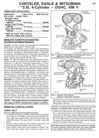 133
TIMING BELT APPLICATION
Application Labor Time Belt Part No.
2.0L 4-Cyl. – DOHC, VIN Y
Avenger, Neon,
& Sebring Coupe
1995-99 ................ 1
3.6 Hours .................250246
Eclipse (Non-Turbo)
1995-99 ................ 1
3.6 Hours .................250246
Talon (Non-Turbo)
1995-98 ................ 1
3.6 Hours .................250246
1
-With Air Cond. add .2 hours.
With Pwr. Strng. add .2 hours.
MANUFACTURER’SSUGGESTED
SCHEDULEDMAINTENANCE
Chrysler: On Neon models, the manufacturer recommends
replacing the timing belt at 105,000 miles.
On Avenger and Sebring Coupe models, the manufacturer
recommends the belt be replaced every 60,000 miles except
in California, Connecticut, and Massachusetts. In California,
Connecticut, and Massachusetts, timing belt replacement is
recommended, but not required, at 60,000 miles. In these
states, replace timing belt at 100,000 miles.
Eagle: For 1995-96 model years, the manufacturere recom-
mends the belt be replaced every 60,000 miles, except in
California. In California, timing belt replacement is recom-
mended, but not required, at 60,000 miles. In California, re-
place timing belt at 100,000 miles, unless previously changed.
For 1997-98 model years, the manufacturer recommends the
belt be replaced every 60,000 miles except in California, Con-
necticut, and Massachusetts. In California, Connecticut, and
Massachusetts, timing belt replacement is recommended,
but not required, at 60,000 miles. In these states, replace
timing belt at 100,000 miles, unless previously changed.
Mitsubishi: For 1995-97 model years, the manufacturer rec-
ommends the belt be replaced every 60,000 miles except in
California. In California, timing belt replacement is recom-
mended, but not required, at 60,000 miles. In California, re-
place timing belt at 100,000 miles, unless previously changed.
For 1998-99 model years, the manufacturer recommends the
belt be replaced every 60,000 miles except in California, Con-
necticut, and Massachusetts. In California, Connecticut, and
Massachusetts, timing belt replacement is recommended,
but not required, at 60,000 miles. In these states, replace
timing belt at 100,000 miles, unless previously changed.
*NOTE: This application is an interference engine.
See page A-59 for interference engine cautions.
REMOVAL&INSTALLATION
TIMING BELT
Removal (Mechanical Timing Belt Tensioner):
• On Avenger and Sebring, remove coolant reservoir and place
out of way. On all models, raise and support vehicle. Re-
move right inner splash shield. Remove center bolt from
crankshaft pulley. Use gear puller to remove crankshaft
pulley.
• Remove power steering pump (hoses attached) and
mounting bracket from engine. Move out of way.
• Lower vehicle. Place jack under engine for support. Re-
move right side engine mount. Remove engine mount
CHRYSLER, EAGLE & MITSUBISHI
*2.0L 4-Cylinder – DOHC, VIN Y
Fig. 1: Aligning Timing Marks & Adjusting Belt Tension
(Mechanical Timing Belt Tensioner)
bracket from front of engine. Remove timing belt cover. Ro-
tate engine clockwise to align the camshaft and crankshaft
timing marks. See Fig. 1.
CAUTION: To prevent pistons from hitting valves, do not rotate
camshaft or crankshaft after removing the timing belt.
• Install 8 mm Allen wrench into timing belt tensioner. See
Fig. 1. Insert long end of a 3 mm Allen wrench into pin hole
in the front of tensioner. Slowly rotate tensioner counter-
clockwise with 8 mm Allen wrench while pushing lightly on
the 3 mm Allen wrench, until it slides into the locking hole.
If reusing old timing belt, mark belt with arrow to indicate
direction of rotation. Remove timing belt.
NOTE: Mechanical timing belt tensioner is serviced as an assembly.
To prevent premature timing belt failure and engine damage,
do not separate tensioner pulley from tensioner bracket.
Courtesy of Mitsubishi Motor Sales of America
Fig. 2: Aligning Timing Marks
(Hydraulic Timing Belt Tensioner)
Courtesy of Mitsubishi Motor Sales of America
 
