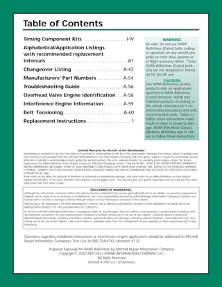 Table of Contents
Timing Component Kits . . . . . . . . . . . . . . . I-IV
Alphabetical/Application Listings
with recommended replacement
intervals. . . . . . . . . . . . . . . . . . . . . . . . . . . . . . A1
Changeover Listing . . . . . . . . . . . . . . . . . . A-43
Manufacturers’ Part Numbers . . . . . . . . . A-54
Troubleshooting Guide . . . . . . . . . . . . . . . A-56
Overhead Valve Engine Identification . . A-58
Interference Engine Information . . . . . . . A-59
Belt Tensioning . . . . . . . . . . . . . . . . . . . . . .A-60
Replacement Instructions . . . . . . . . . . . . . . . . 1
Limited Warranty for the Life of the Merchandise
Merchandise is warranted to be free from defects in materials or workmanship for the life of the merchandise. Damages from misuse, abuse or gradual wear
from normal use are excluded from this warranty. NAPA Belts/Hose (The Gates Rubber Company) will, at its option, replace or repair any merchandise proved
defective in material or workmanship,or both, during the warranty period. This is the exclusive remedy. For warranty service, please contact the Service
Department, The NAPA Belts/Hose (Gates Rubber Company), 990 South Broadway, Denver, Colorado 80209. THERE IS NO OTHER EXPRESSED WARRANTY.
IMPLIED WARRANTIES, INCLUDING THOSE OF MERCHANTABILITY AND FITNESS FOR A PARTICULAR PURPOSE, ARE LIMITED TO THE EXPRESSED WARRAN-
TY PERIOD. LIABILITY FOR CONSEQUENTIAL OR INCIDENTAL DAMAGES UNDER ANY AND ALL WARRANTIES ARE EXCLUDED TO THE EXTENT EXCLUSION
IS PERMITTED BY LAW.
Some states do not allow the exclusion of limitation or incidental or consequential damages, and some states do not allow limitations on how long an
implied warranty lasts, so the above limitation and exclusion may not apply to you. This warranty gives you specific legal rights and you may also have other
rights which vary from state to state.
DISCLAIMER OF WARRANTIES
Although the information contained within this volume has been obtained from sources generally believed to be reliable, no warranty (expressed or
implied) can be made as to its accuracy or completeness, nor is any responsibility assumed by Mitchell Repair Information Company or anyone con-
nected with it, for loss or damages suffered through reliance on any information contained in this volume.
SPECIFICALLY, NO WARRANTY OF MERCHANTABILITY, FITNESS FOR A PARTICULAR PURPOSE OR ANY OTHER WARRANTY IS MADE OR TO BE
IMPLIED WITH RESPECT TO THIS VOLUME AND ITS CONTENTS.
In no event will Mitchell Repair Information Company be liable for any damages, direct or indirect, consequential or compensatory, including, with-
out limitation, lost profits, for any representations, breaches or defaults arising out of the use of this volume. Customer agrees to indemnify
Mitchell Repair Information Company and hold it harmless against all claims and damages, including without limitation, reasonable attorney’s fees
arising out of the use of this volume, unless such claims or damages result from the infringement of any copyright or other proprietary right of any
third party.
Questions regarding installation instructions or interference engine applications should be addressed to Mitchell
Repair Information Company’s Tech Line at 888-724-6742 extension 6112.
Prepared Expressly for NAPA Belts/Hose by Mitchell Repair Information Company
Copyright© 2002 MITCHELL REPAIR INFORMATION COMPANY, LLC
All Right Reserved
Printed in the U.S. of America
WARNING
Be safe! Do not use NAPA
Belts/Hose (Gates) belts, pulleys
or sprockets on any aircraft pro-
peller or rotor drive systems or
in-flight accessory drives. Those
NAPA Belts/Hose (Gates) prod-
ucts are not designed or intend-
ed for aircraft use.
CAUTION
Use NAPA Belts/Hose (Gates)
products only on applications
specified in NAPA Belts/Hose
(Gates) literature. Install and
maintain products according to
the vehicle manufacturer's rec-
ommended procedures and with
recommended tools. Failure to
follow these instructions could
result in injury or property dam-
age. NAPA Belts/Hose (Gates)
disclaims all liability due to fail-
ure to follow these instructions.
 