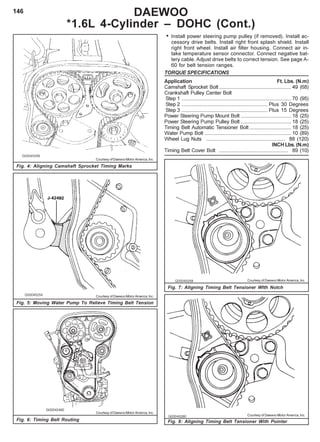 146 DAEWOO
*1.6L 4-Cylinder – DOHC (Cont.)
Fig. 4: Aligning Camshaft Sprocket Timing Marks
Fig. 5: Moving Water Pump To Relieve Timing Belt Tension
• Install power steering pump pulley (if removed). Install ac-
cessory drive belts. Install right front splash shield. Install
right front wheel. Install air filter housing. Connect air in-
take temperature sensor connector. Connect negative bat-
tery cable. Adjust drive belts to correct tension. See page A-
60 for belt tension ranges.
TORQUE SPECIFICATIONS
Application Ft. Lbs. (N.m)
Camshaft Sprocket Bolt .................................................. 49 (68)
Crankshaft Pulley Center Bolt
Step 1 ............................................................................ 70 (95)
Step 2 ............................................................ Plus 30 Degrees
Step 3 ............................................................ Plus 15 Degrees
Power Steering Pump Mount Bolt ................................... 18 (25)
Power Steering Pump Pulley Bolt ................................... 18 (25)
Timing Belt Automatic Tensioner Bolt ............................. 18 (25)
Water Pump Bolt ............................................................ 10 (89)
Wheel Lug Nuts ....................................................... 88 (120)
INCH Lbs. (N.m)
Timing Belt Cover Bolt ................................................ 89 (10)
Fig. 6: Timing Belt Routing
Fig. 7: Aligning Timing Belt Tensioner WIth Notch
Fig. 8: Aligning Timing Belt Tensioner With Pointer
Courtesy of Daewoo Motor America, Inc.
Courtesy of Daewoo Motor America, Inc.
Courtesy of Daewoo Motor America, Inc.
Courtesy of Daewoo Motor America, Inc.
Courtesy of Daewoo Motor America, Inc.
 