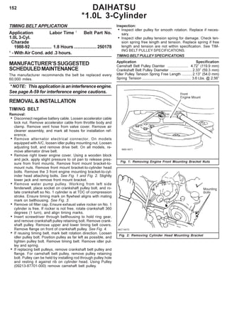 152
TIMING BELT APPLICATION
Application Labor Time 1
Belt Part No.
1.0L 3-Cyl.
Charade
1988-92 ................. 1.8 Hours ..................250178
1
- With Air Cond. add .3 hours.
MANUFACTURER’SSUGGESTED
SCHEDULEDMAINTENANCE
The manufacturer recommends the belt be replaced every
60,000 miles.
* NOTE: This application is an interference engine.
See page A-59 for interference engine cautions.
REMOVAL&INSTALLATION
TIMING BELT
Removal:
• Disconnect negative battery cable. Loosen accelerator cable
lock nut. Remove accelerator cable from throttle body and
clamp. Remove vent hose from valve cover. Remove air
cleaner assembly, and mark all hoses for installation ref-
erence.
• Remove alternator electrical connector. On models
equipped with A/C, loosen idler pulley mounting nut. Loosen
adjusting bolt, and remove drive belt. On all models, re-
move alternator drive belt.
• Remove right lower engine cover. Using a wooden block
and jack, apply slight pressure to oil pan to release pres-
sure from front mounts. Remove front mount bracket-to-
mount nuts. Remove front mount bracket-to-cylinder head
bolts. Remove the 3 front engine mounting bracket-to-cyl-
inder head attaching bolts. See Fig. 1 and Fig. 2. Slightly
lower jack and remove front mount bracket.
• Remove water pump pulley. Working from left side
fenderwell, place socket on crankshaft pulley bolt, and ro-
tate crankshaft so No. 1 cylinder is at TDC of compression
stroke. Ensure timing mark on flywheel aligns with mating
mark on bellhousing. See Fig. 3.
• Remove oil filter cap. Ensure exhaust valve rocker on No. 1
cylinder is free. If rocker is not free, rotate crankshaft 360
degrees (1 turn), and align timing marks.
• Insert screwdriver through bellhousing to hold ring gear,
and remove crankshaft pulley retaining bolt. Remove crank-
shaft pulley. Remove upper and lower timing belt covers.
Remove flange on front of crankshaft pulley. See Fig. 4.
• If reusing timing belt, mark belt rotation direction. Loosen
idler pulley bolt. Position pulley as far left as possible, and
tighten pulley bolt. Remove timing belt. Remove idler pul-
ley and spring.
• If replacing belt pulleys, remove crankshaft belt pulley and
flange. For camshaft belt pulley, remove pulley retaining
bolt. Pulley can be held by installing rod through pulley hole
and resting it against rib on cylinder head. Using Pulley
(09213-87701-000) remove camshaft belt pulley.
Inspection:
• Inspect idler pulley for smooth rotation. Replace if neces-
sary.
• Inspect idler pulley tension spring for damage. Check ten-
sion spring free length and tension. Replace spring if free
length and tension are not within specification. See TIM-
ING BELT PULLEY SPECIFICATIONS.
TIMING BELT PULLEY SPECIFICATIONS
Application Specification
Camshaft Belt Pulley Diamter .................... 4.72” (119.9 mm)
Crankshaft Belt Pulley Diameter ......................2.33” (59.3 mm)
Idler Pulley Tension Spring Free Length ..........2.13” (54.0 mm)
Spring Tension ................................................ 3.6 Lbs. @ 2.56”
Fig. 1: Removing Engine Front Mounting Bracket Nuts
Fig. 2: Removing Cylinder Head Mounting Bracket
DAIHATSU
*1.0L 3-Cylinder
 