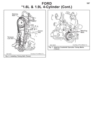 167FORD
*1.6L & 1.9L 4-Cylinder (Cont.)
Fig. 7: Aligning Crankshaft Sprocket Timing Marks
(Tracer)
Fig. 6: Installing Timing Belt (Tracer)
 