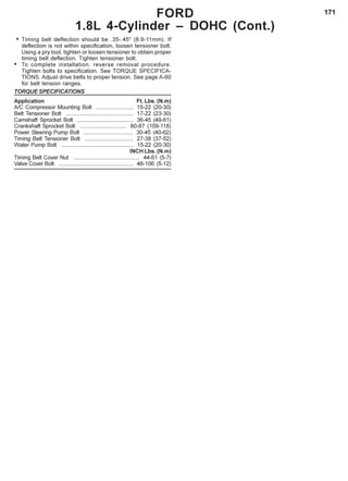 171FORD
1.8L 4-Cylinder – DOHC (Cont.)
• Timing belt deflection should be .35-.45" (8.9-11mm). If
deflection is not within specification, loosen tensioner bolt.
Using a pry tool, tighten or loosen tensioner to obtain proper
timing belt deflection. Tighten tensioner bolt.
• To complete installation, reverse removal procedure.
Tighten bolts to specification. See TORQUE SPECIFICA-
TIONS. Adjust drive belts to proper tension. See page A-60
for belt tension ranges.
TORQUE SPECIFICATIONS
Application Ft. Lbs. (N.m)
A/C Compressor Mounting Bolt ........................ 15-22 (20-30)
Belt Tensioner Bolt ........................................... 17-22 (23-30)
Camshaft Sprocket Bolt .................................... 36-45 (49-61)
Crankshaft Sprocket Bolt .............................. 80-87 (109-118)
Power Steering Pump Bolt ................................ 30-45 (40-62)
Timing Belt Tensioner Bolt ............................... 27-38 (37-52)
Water Pump Bolt .............................................. 15-22 (20-30)
INCH Lbs. (N.m)
Timing Belt Cover Nut .......................................... 44-61 (5-7)
Valve Cover Bolt ................................................ 48-106 (5-12)
 