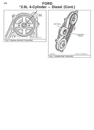 174 FORD
*2.0L 4-Cylinder – Diesel (Cont.)
Fig. 6: Aligning Camshaft Timing Mark
Fig. 7: Installing Rear Timing Belt
 