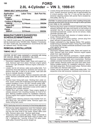 180
TIMING BELT APPLICATION
Application Labor Time Belt Part No.
2.0L 4-Cyl. – VIN 3
Cougar
1999-01 ................. 3.2 Hours ..................250294
Contour & Mystique
1998-00 ................. 3.2 Hours ..................250294
Escort ZX2
1998-01 ................. 2.8 Hours ..................250294
Focus
2000-01 ................. 2.8 Hours ................. 250294
MANUFACTURER’SSUGGESTED
SCHEDULEDMAINTENANCE
For 1998-00 model years, the manufacturer recommends the
belt be inspected every 120,000 miles. Replace, if necessary.
For 2001 model year, the manufacturer recommends the belt
be replaced every 120,000 miles.
REMOVAL&INSTALLATION
TIMING BELT
CAUTION: DO NOT rotate crankshaft or camshafts with timing
belt removed, damage to valve/piston may result.
Removal (Contour, Cougar & Mystique):
• Disconnect negative battery cable. Raise and support ve-
hicle. Remove right front wheel. Remove engine splash
shield from right wheelwell. Remove engine undercover, if
equipped.
• Loosen, but do not remove, water pump pulley bolts. Turn
serpentine drive belt tensioner clockwise and remove ser-
pentine drive belt. If belt is to be reused, mark belt with
arrow to indicate direction of rotation.
• Remove water pump pulley. Remove serpentine belt idler
pulley. Remove crankshaft pulley center bolt and remove
pulley.
• Remove lower timing belt cover. Working from under ve-
hicle, loosen center bolt of left-hand and right-hand engine
support insulators 2 turns. DO NOT remove center bolts.
• Lower vehicle. Remove coolant reservoir tank with hoses
attached, and set aside. Disconnect cruise control cable (if
equipped) from coolant reservoir.
• Position floor jack under engine. Raise engine slightly to
release pressure from mounting insulator on front of en-
gine. Marking installed position for installation reference,
remove engine front support insulator from timing belt end
of engine.
• Remove power steering pressure hose bracket from en-
gine lifting eye, and position aside. Remove upper and
center timing belt covers.
NOTE: Spark plug removal is necessary for final timing adjustment.
• Remove top engine appearance cover from between valve
covers. Remove secondary wires from spark plugs. Work-
ing from the outer ends to the center, loosen valve cover
bolts. Remove valve cover. Remove spark plugs.
• Temporarily install crankshaft pulley. Rotate crankshaft to
align timing mark on block with larger notch on pulley. See
Fig. 1. Cylinders No. 1 and No. 4 are at TDC when crank-
shaft pulley Woodruff key points straight up.
• Loosen timing belt tensioner center attaching bolt about 4
turns. Position tensioner locating tab at approximately the
4 o’clock position. See Fig. 4. Line up hex key slot in
tensioner adjusting washer with pointer that is located be-
hind pulley. See Fig. 4.
CAUTION: To achieve proper tension when installing timing belt,
camshaft sprocket bolts must be loose enough to allow sprockets
to turn freely on the camshafts.
• Remove plug from center of exhaust camshaft pulley. Hold
exhaust camshaft with open end wrench on hex portion of
camshaft. See Fig. 3. Loosen, but do not remove, exhaust
camshaft sprocket bolt. Loosen, but do not remove, intake
camshaft sprocket bolt.
• If reusing timing belt, mark direction of rotation before re-
moval. Remove timing belt.
• To lock crankshaft in correct position, remove plug from
lower, left part of engine block. See Fig. 1.
• Rotate crankshaft to a few degrees before TDC position.
Install locking Crankshaft Position Timing Peg (T97P-6000-
A) into plug hole. Rotate crankshaft clockwise to lock crank-
shaft against timing peg.
Removal (Escort):
• Disconnect negative battery cable. Raise and support ve-
hicle. Remove right front wheel. Remove engine splash
shield from right wheelwell.
• Disconnect HO2S electrical connectors. Unbolt catalytic
converter from exhaust manifold and from muffler inlet pipe.
Remove crossmember bolts and crossmember. Remove
catalytic converter bracket bolts. Remove catalytic converter.
• Lower vehicle. Remove center trim cover from valve cover.
Noting installed position for installation reference, discon-
nect spark plug wires. Remove spark plugs. Remove valve
cover bolts (10). Remove valve cover.
• Loosen, but do not remove, water pump pulley bolts. Turn
serpentine drive belt tensioner clockwise and remove ser-
FORD
2.0L 4-Cylinder – VIN 3, 1998-01
Fig. 1: Aligning Crankshaft Timing Marks
Courtesy of Ford Motor Co.
 