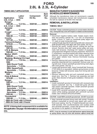189
TIMING BELT APPLICATION
Belt
Labor Component Part
Application Time Kit No. No.
2.0L 4-Cyl. – OHC
Ranger
1983-88 ..........1
2.2 Hrs. ..... 2520140........ 250014
2.3L 4-Cyl. – OHC
Aerostar
1987...............1
2.2 Hrs. ..... 2520140........ 250014
Cougar
1981...............1
1.3 Hrs. ..... 2520140........ 250014
1984-86 ..........1
1.3 Hrs. ..... 2520140........ 250014
Courier
1977-82 ..........2
2.2 Hrs. ..... 2520140........ 250014
Fairmont & Zephyr
1978-83 ..........2
1.6 Hrs. ..... 2520140........ 250014
Granada
1981-82 ..........2
1.6 Hrs. ..... 2520140........ 250014
LTD & Marquis
1983-86 ..........2
1.5 Hrs. ..... 2520140........ 250014
Merkur XR4Ti
1985-89 ..........1
1.5 Hrs. ..... 2520140........ 250014
Mustang, Mustang II & Capri
1974-91 ..........2
1.6 Hrs. ..... 2520140........ 250014
1992
With Round Tooth
Sprockets ... 1
1.5 Hrs. ............................250210
With SquareTooth
Sprockets ... 1
1.5 Hrs. ..... 2520140........ 250014
Mustang
1993...............2
1.5 Hrs. ............................250210
Pinto & Bobcat
1974-80 ..........2
2.0 Hrs. ..... 2520140........ 250014
Ranger
1983-91 ..........1
2.2 Hrs. ..... 2520140........ 250014
1992
With Round Tooth
Sprockets ... 1
2.2 Hrs. ............................250210
With SquareTooth
Sprockets ... 1
2.2 Hrs. ..... 2520140........ 250014
1993-94 ..........1
2.2 Hrs. ............................250210
Thunderbird
1983-88 ..........2
1.3 Hrs. ..... 2520140........ 250014
1
- With Air Cond. add 1.0 hours.
2
- With Air Cond. add .5 hours
NOTE: A timing belt component kit is available for
thisapplication.Seepage Iforinformationoncomponent
kits.
MANUFACTURER’SSUGGESTED
SCHEDULEDMAINTENANCE
Although the manufacturer does not recommend a specific
scheduled maintenance interval, belt manufacturers suggest
the belt be replaced at 60,000 mile intervals.
REMOVAL&INSTALLATION
TIMING BELT
CAUTION: Rotate crankshaft clockwise (in normal rotation direction)
only. Timing belt may come off if engine is rotated counterclockwise.
Removal:
• Disconnect negative battery cable. Rotate engine clock-
wise and position cylinder No. 1 on TDC of compression
stroke. Ensure “O” mark on crankshaft pulley aligns with
“O” mark on outer timing belt cover.
• Looking through plug hole of outer timing belt cover, ensure cam-
shaft sprocket timing mark aligns with cover pointer. See Fig 1.
• Remove fan guard, cooling shroud, cooling fan and fan
shroud. Remove drive belt, water pump pulley and auto-
matic belt tensioner. Discharge A/C System (if equipped)
using approved refrigerant recovery equipment. Remove A/
C compressor mounting bracket with power steering pump
attached, and position aside. Drain cooling system. Re-
move upper radiator hose. Remove thermostat housing
and gasket.
• Remove retaining bolt and crankshaft pulley. Remove hub
assembly retaining bolt from crankshaft. Remove outer tim-
ing belt cover. Ensure camshaft sprocket timing mark aligns
with cover pointer. See Fig. 1.
• Loosen belt tensioner bolts. Using Camshaft Belt Tensioner
(T74P-6254-A) or equivalent, release spring tension on belt
tensioner. Rotate belt tensioner away from timing belt and
tighten bolts.
• Remove retaining bolts and pull crankshaft sensor from
dowel pins. See Fig. 1. Remove hub assembly and belt
guide. Note direction of belt guide installation. Remove tim-
ing belt.
Installation:
• Install crankshaft sprocket (if removed) with recessed area
toward crankshaft. See Fig. 1. Install belt guide with flat
side toward camshaft sprocket. Install camshaft sprocket
with timing mark outward.
• Install NEW camshaft sprocket bolt and tighten to specifi-
cation while holding camshaft with camshaft sprocket
holder. See TORQUE SPECIFICATIONS.
CAUTION: Install NEW camshaft sprocket bolt. DO NOT reuse bolt.
• Align camshaft sprocket timing mark with pointer. Properly
position crankshaft so timing mark aligns with notch in
front cover casting. See Fig. 3. Install timing belt over crank-
shaft sprocket, then counterclockwise over auxiliary shaft
and camshaft sprockets. Loosen belt tensioner bolt, allow-
ing tension to be applied on timing belt.
NOTE: It may be necessary to push belt tensioner against timing belt,
as spring tension may not move belt tensioner against timing belt.
FORD
2.0L & 2.3L 4-Cylinder
 