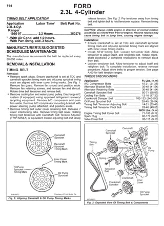 194
TIMING BELT APPLICATION
Application Labor Time1
Belt Part No.
2.3L 4-Cyl.
Ranger
1995-97 ................. 2.2 Hours ..................250276
1
-With Air Cond. add 1.0 hours.
With Pwr. Strng. add .3 hours.
MANUFACTURER’SSUGGESTED
SCHEDULEDMAINTENANCE
The manufacturer recommends the belt be replaced every
60,000 miles.
REMOVAL&INSTALLATION
TIMING BELT
Removal:
• Remove spark plugs. Ensure crankshaft is set at TDC and
camshaft sprocket timing mark and oil pump sprocket timing
mark are aligned with inner cover timing marks. See Fig. 1.
Remove fan guard. Remove fan shroud and position aside.
Remove fan retaining screws, and remove fan and shroud.
Rotate drive belt tensioner and remove belt.
• Remove cooling fan and water pump pulley. Discharge A/C
system (if equipped) using approved refrigerant recovery/
recycling equipment. Remove A/C compressor and posi-
tion aside. Remove A/C compressor mounting bracket with
power steering pump attached, and position aside.
• Remove timing belt outer cover retaining bolt. Release 7
cover interlocking tabs. Remove timing belt cover. Holding
timing belt tensioner with Camshaft Belt Tension Adjuster
(T74P-6254-A) or equivalent, loosen adjusting bolt and slowly
release tension. See Fig. 2. Pry tensioner away from timing
belt and tighten bolt to hold tensioner in place. Remove timing
belt.
CAUTION: Always rotate engine in direction of normal rotation
(clockwise as viewed from front of engine). Reverse rotation may
cause timing belt to jump time, causing engine damage.
Installation:
• Ensure crankshaft is set at TDC and camshaft sprocket
timing mark and oil pump sprocket timing mark are aligned
with inner cover timing marks.
• Install NEW timing belt. Loosen tensioner bolt. Allow
tensioner to adjust itself, and retighten bolt. Rotate crank-
shaft clockwise 2 complete revolutions to remove slack
from belt.
• Loosen tensioner bolt. Allow tensioner to adjust itself and
retighten bolt. To complete installation, reverse removal
procedure. Adjust drive belts to proper tension. See page
A-60 for belt tension ranges.
TORQUE SPECIFICATIONS
Application Ft. Lbs. (N.m)
A/C Compressor Bolts ..................................... 15-21 (21-28)
Alternator Bracket Bolts .................................... 30-40 (41-54)
Alternator Retaining Bolts ................................. 30-40 (41-54)
Camshaft Sprocket Bolt .................................... 50-71 (68-96)
Cooling Fan Bolts ............................................. 13-16 (17-23)
Crankshaft Damper Bolt ........................... 103-133 (140-180)
Oil Pump Sprocket Bolt ..................................... 28-40 (38-54)
Timing Belt Tensioner Adjusting Bolt ................ 14-21 (35-45)
Timing Belt Tensioner Pivot Bolt ....................... 28-40 (40-55)
INCH Lbs. (N.m)
Engine Timing Belt Cover Bolt .......................... 71-106 (8-12)
Spark Plug ........................................................ 80-177 (9-20)
Valve Cover Bolt ................................................ 80-115 (9-13)
FORD
2.3L 4-Cylinder
Fig. 2: Exploded View Of Timing Belt & Components
Fig. 1: Aligning Camshaft & Oil Pump Timing Marks
 