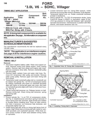 198 FORD
*3.0L V6 – SOHC, Villager
TIMING BELT APPLICATION
Belt
Labor Component Part
Application Time Kit No. No.
3.0L V6 – SOHC
Villager (Mercury)
1993...............1
3.5 Hrs. .... 2521040....... 250104
1994-98 ..........1
3.5 Hrs. .......................... 250249
1
-With Air Cond. add .3 hours.
With Pwr. Strng. add .3 hours.
NOTE: A timing belt component kit is available for
thisapplication.Seepage....forinformationoncomponent
kits.
MANUFACTURER’SSUGGESTED
SCHEDULEDMAINTENANCE
The manufacturer recommends the belt be replaced every
105,000 miles.
*NOTE: This application is an interference engine.
See page A-59 for interference engine cautions.
REMOVAL&INSTALLATION
TIMING BELT
Removal:
• Disconnect negative battery cable. Raise and support ve-
hicle. Remove covers from below engine. Drain cooling
system. Remove right front wheel and engine side cover.
Remove accessory drive belts. Remove crankshaft pulley
bolt and pulley.
• Remove upper radiator hose and water inlet hose. Re-
move A/C compressor idler pulley and bracket. Remove
water pump pulley. Remove upper and lower timing belt
front covers.
• Temporarily install crankshaft pulley bolt so crankshaft can
be rotated. Set cylinder No. 1 at TDC of compression stroke
by rotating crankshaft until marks on camshaft sprockets
align with marks on timing belt upper rear cover, and mark
on crankshaft sprocket aligns with mark on front cover hous-
ing. See Fig. 2.
• Loosen timing belt tensioner nut. Release tension on belt.
Remove timing belt. Check timing belt tensioner, spring
and timing belt.
Installation:
• Ensure cylinder No. 1 is at TDC of compression stroke.
See Fig. 2. Install tensioner and return spring if removed. If
return spring stud was removed, apply thread lock sealant
to threads before installing stud. Insert an Allen wrench
into hole in tensioner, turn tensioner fully clockwise, and
temporarily tighten lock nut.
• Install timing belt with arrow on timing belt facing front of
engine. Align White lines on timing belt with marks on cam-
shaft sprockets and crankshaft sprocket. White lines en-
sure correct number of teeth exist between timing marks
on sprockets.
• Loosen tensioner lock nut. Using Allen wrench, rotate
tensioner by turning Allen wrench clockwise 70-80 degrees.
Temporarily tighten lock nut. Rotate crankshaft clockwise
at least 2 revolutions.
• Return cylinder No. 1 to TDC of compression stroke. Using
Push/Pull Gauge (J-38387) or equivalent, apply 22 lbs.
(10.0 kg) pressure to timing belt between right camshaft
sprocket and tensioner. Hold tensioner in position with Allen
wrench, and loosen tensioner lock nut.
Fig. 1: Exploded View Of Timing Belt Components
Fig. 2: Installing Timing Belt & Sprocket
 