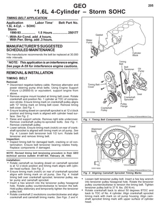 205GEO
*1.6L 4-Cylinder – Storm SOHC
TIMING BELT APPLICATION
Application Labor Time1
Belt Part No.
1.6L 4-Cyl. – SOHC
Storm
1990-93 ................ 1.5 Hours .................250177
1
-With Air Cond. add .4 hours.
With Pwr. Strng. add .3 hours.
MANUFACTURER’SSUGGESTED
SCHEDULEDMAINTENANCE
The manufacturer recommends the belt be replaced at 30,000
mile intervals.
* NOTE: This application is an interference engine.
See page A-59 for interference engine cautions.
REMOVAL&INSTALLATION
TIMING BELT
Removal:
• Disconnect negative battery cable. Remove alternator and
power steering pump drive belts. Using Engine Support
Fixture (J-26900-9) or equivalent, support engine from
above.
• Remove engine mount located at timing belt cover. Rotate
crankshaft and position No. 1 cylinder at TDC of compres-
sion stroke. Ensure timing mark on crankshaft pulley aligns
with “O” timing mark on timing belt cover. Remove timing
belt cover. See Fig. 1.
• Ensure locating dowel on camshaft sprocket is at 12 o’clock
position and timing mark is aligned with cylinder head sur-
face. See Fig. 2.
• Raise and support vehicle. Remove right side undercover.
Remove crankshaft pulley-to-sprocket bolts. See Fig. 1.
Remove crankshaft pulley.
• Lower vehicle. Ensure timing mark (notch) on rear of crank-
shaft sprocket is aligned with timing mark on oil pump. See
Fig. 4. Loosen belt tensioner bolt 1/2 turn. Rotate belt
tensioner and remove timing belt.
Inspection:
• Inspect timing belt for damaged teeth, cracking or oil con-
tamination. Ensure belt tensioner bearing rotates freely.
Replace components if damaged.
NOTE: Revised timing belt tensioning procedure is from GEO
technical service bulletin 91-487-6A; February 26, 1992.
Installation:
• Rotate camshaft so locating dowel on camshaft sprocket
is at 12 o’clock position and timing mark aligns with cylin-
der head surface. See Fig. 2.
• Ensure timing mark (notch) on rear of crankshaft sprocket
aligns with timing mark on oil pump. See Fig. 4. Install
timing belt over crankshaft sprocket, tensioner pulley, wa-
ter pump and camshaft sprocket.
• Insert a hex wrench into the tensioner pulley hexagonal
hole. Rotate pulley counterclockwise to tension the belt.
Hold pulley stationary and temporarily tighten the tensioner
pulley bolt.
• Rotate crankshaft 2 revolutions counterclockwise and align
crankshaft and camshaft timing marks. See Figs. 2 and 4.
Fig. 1: Timing Belt Components
Fig. 2: Aligning Camshaft Sprocket Timing Marks
Courtesy of General Motors Corp.
Courtesy of General Motors Corp.
• Loosen belt tensioner pulley bolt. Insert a hex key wrench
into tensioner pulley hexagonal hole. Rotate the tensioner
pulley counterclockwise to tension the timing belt. Tighten
tensioner pulley bolt to 37 ft. lbs. (50 N.m).
• Rotate crankshaft back to about 50 degrees BTDC and
back to TDC of No. 4 cylinder. Align crankshaft sprocket
timing mark with mark on oil pump housing. Align cam-
shaft sprocket timing mark with upper surface of cylinder
head.
 