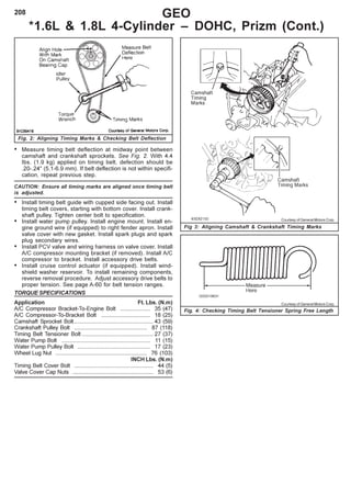 208
Fig 3: Aligning Camshaft & Crankshaft Timing Marks
Fig. 2: Aligning Timing Marks & Checking Belt Deflection
GEO
*1.6L & 1.8L 4-Cylinder – DOHC, Prizm (Cont.)
• Measure timing belt deflection at midway point between
camshaft and crankshaft sprockets. See Fig. 2. With 4.4
Ibs. (1.9 kg) applied on timing belt, defection should be
.20-.24" (5.1-6.9 mm). If belt deflection is not within specifi-
cation, repeat previous step.
CAUTION: Ensure all timing marks are aligned once timing belt
is adjusted.
• Install timing belt guide with cupped side facing out. Install
timing belt covers, starting with bottom cover. Install crank-
shaft pulley. Tighten center bolt to specification.
• Install water pump pulley. Install engine mount. Install en-
gine ground wire (if equipped) to right fender apron. Install
valve cover with new gasket. Install spark plugs and spark
plug secondary wires.
• Install PCV valve and wiring harness on valve cover. Install
A/C compressor mounting bracket (if removed). Install A/C
compressor to bracket. Install accessory drive belts.
• Install cruise control actuator (if equipped). Install wind-
shield washer reservoir. To install remaining components,
reverse removal procedure. Adjust accessory drive belts to
proper tension. See page A-60 for belt tension ranges.
TORQUE SPECIFICATIONS
Application Ft. Lbs. (N.m)
A/C Compressor Bracket-To-Engine Bolt ................... 35 (47)
A/C Compressor-To-Bracket Bolt ............................... 18 (25)
Camshaft Sprocket Bolt.................................................. 43 (59)
Crankshaft Pulley Bolt .............................................. 87 (118)
Timing Belt Tensioner Bolt ............................................. 27 (37)
Water Pump Bolt ........................................................ 11 (15)
Water Pump Pulley Bolt .............................................. 17 (23)
Wheel Lug Nut .......................................................... 76 (103)
INCH Lbs. (N.m)
Timing Belt Cover Bolt .................................................. 44 (5)
Valve Cover Cap Nuts ................................................... 53 (6)
Courtesy of General Motors Corp.
Courtesy of General Motors Corp.
Fig. 4: Checking Timing Belt Tensioner Spring Free Length
 