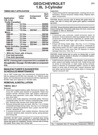 211GEO/CHEVROLET
1.0L 3-Cylinder
TIMING BELT APPLICATION
Belt
Labor Component Part
Application Time Kit No. No.
1.0L 3-Cyl.
Firefly (Canadian)
1985-88 ..........1
2.2 Hrs. ...........................250095
1989-91 ..........1
2.2 Hrs. ...........................250166
1994-95 ..........1
2.2 Hrs. ...........................250241
1996-00 ..........1
1.8 Hrs. .... 2521941........ 250194
Metro
1989-92 ..........1
2.2 Hrs. ...........................250166
1993...............1
2.2 Hrs. .........................2
250166
1993...............1
2.2 Hrs. .........................3
250241
1994-95 ..........1
2.2 Hrs. ...........................250241
1996-97 ..........1
2.2 Hrs. .... 2521941........ 250194
1996-00 ..........1
1.8 Hrs. .... 2521941........ 250194
Sprint (Includes Canadian)
1985-88 ..........1
2.2 Hrs. ...........................250095
1989-91 ..........1
2.2 Hrs. ...........................250166
1
- With Air Cond. add .4 hours.
2 –
Four bolt sprocket.
3 –
Five bolt sprocket.
NOTE: A timing belt component kit is available for
thisapplication.Seepage Iforinformationoncomponent
kits.
MANUFACTURER’SSUGGESTED
SCHEDULEDMAINTENANCE
Up to 1997 model year, the manufacturer recommends the
belt be replaced at 60,000 mile intervals. For 1998-00 model
years, the manufacturer recommends the belt be inspected at
60,000 miles and replaced at 100,000 miles.
REMOVAL&INSTALLATION
TIMING BELT
Removal:
• Disconnect negative battery cable. Remove air cleaner. Re-
move A/C suction pipe bracket (if equipped). Raise and
support vehicle. Remove lower right engine undercover.
Remove lower generator cover plate. Remove all acces-
sory drive belts.
• Remove outer bolts retaining crankshaft pulley. Remove
crankshaft pulley. DO NOT remove crankshaft pulley center
bolt. Remove wire harness from timing belt cover.
• Remove timing belt cover and seal. See Fig. 1 or 4. Rotate
crankshaft and align timing marks. See Fig. 2 or 5. Remove
tensioner spring and tensioner stud. Loosen, but DO NOT
remove, tensioner bolt.
• If reusing timing belt, mark rotation direction. Remove belt
tensioner, tensioner plate, tensioner spring, spring damper
and timing belt.
CAUTION: DO NOT rotate crankshaft or camshaft when timing
belt is removed or piston damage may result. Note direction of
timing belt guide for installation. Ensure concave side of timing
belt guide faces away from timing belt.
Inspection:
• Inspect timing belt for damaged teeth, cracking and oil con-
tamination. Ensure tensioner rotates freely. Replace dam-
aged components.
CAUTION: Ensure concave side of timing belt guide faces oil
pump. Flat side of timing belt guide goes against crankshaft
sprocket.
CAUTION: Ensure tensioner plate moves when tensioner is moved
toward timing belt. If tensioner plate does not move, ensure lug
is engaged in hole on tensioner.
Installation:
• If tensioner was removed, install tensioner plate on
tensioner. Ensure tensioner plate lug engages hole on rear
of tensioner. Install tensioner assembly on cylinder block.
Tighten tensioner bolt finger tight to allow movement of
tensioner.
• Ensure all timing marks align. See Fig. 2 or 5. If timing
marks are not aligned, rotate camshaft or crankshaft to
align timing marks. DO NOT rotate camshaft or crankshaft
so timing mark moves more than 90 degrees or engine
damage may occur. See Fig. 3.
CAUTION: Install timing belt so arrow on timing belt, or mark
made during removal, points in direction of crankshaft rotation.
Crankshaft rotates clockwise.
• Install tensioner spring and spring damper, push tensioner
plate upward and tighten tensioner bolt. Install timing belt
so arrow on timing belt, or mark made during removal,
points in direction of crankshaft rotation. Ensure no slack
exists on drive side of timing belt. Loosen tensioner bolt
and allow spring tension to remove slack in timing belt.
Tighten tensioner bolt.
Fig. 1: Exploded View Of Timing Belt Components (1985-97)
Courtesy of General Motors Corp.
 