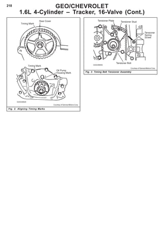 218 GEO/CHEVROLET
1.6L 4-Cylinder – Tracker, 16-Valve (Cont.)
Fig. 2: Aligning Timing Marks
Courtesy of General Motors Corp.
Fig. 3: Timing Belt Tensioner Assembly
Courtesy of General Motors Corp.
 
